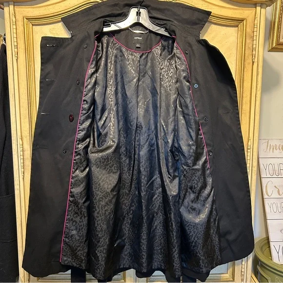 Express Black Denim Double-Breasted Belted Silver Button Trench Coat - Picture 9 of 16